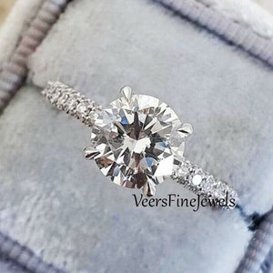 2 Ct Brilliant Cut Moissanite Solitaire Engagement Ring / Round Cut Micro Pave Accents With Bridal Wedding Ring / Solid 14k White Gold Ring