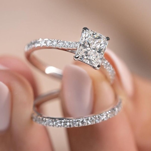 2CT Radiant Cut Moissanite Engagement Ring Set/ Solid White Gold Half Eternity Moissanite Bridal Set/ 925 Sterling Silver Ring Set in women