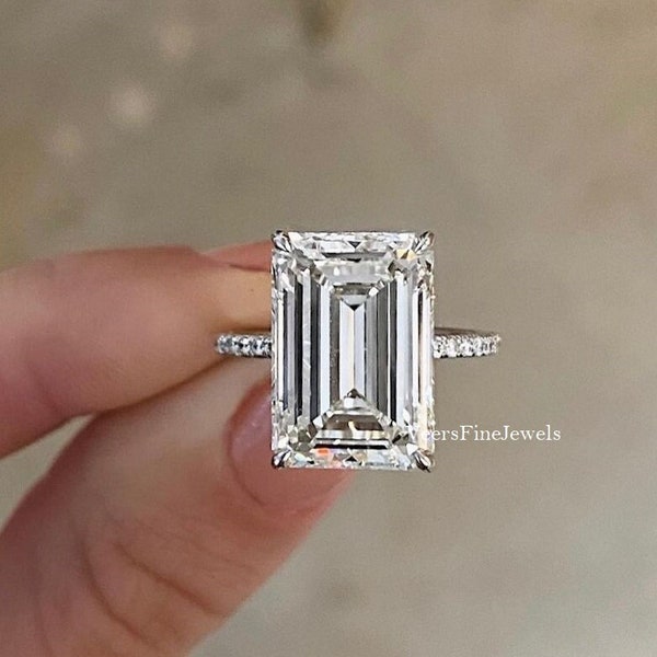 Emerald Diamond Ring for Women/6.25 Ct Emerald Cut Diamond Solid 14K White Gold Solitaire Engagement Ring for Bridal/Emerald CZ Ring for her