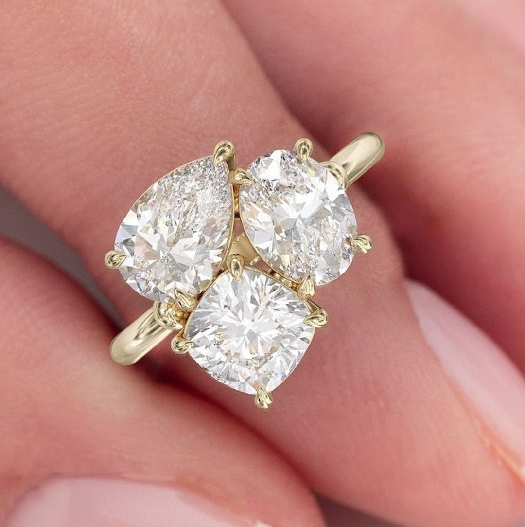 Vintage Toi Et Moi Ring Three Stone Unique Engagement Ring for Women Pearoval & Cushion Cut