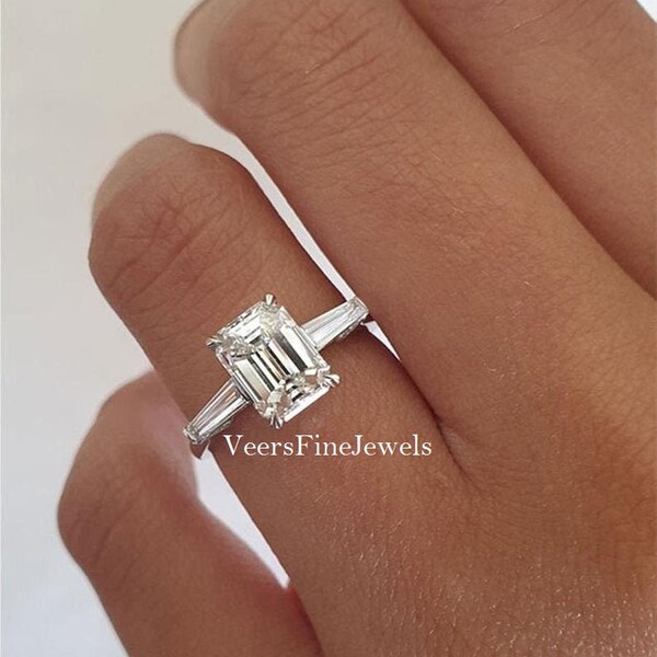 2CT Emerald Cut Forever Moissanite Solitaire Engagement Ring/ Side Baguette Accents Bridal Ring/ Solid 14k White Gold Anniversary Gift Ring