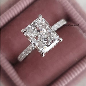 3 CT Radiant Cut Moissanite Ring / Solitaire With Accent Ring / Hidden Halo Diamond Ring / Unique Wedding Promise Ring / 14K White Gold Ring