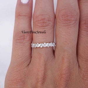 Vintage moissanite wedding band / round and marquise cut diamond ring / yellow gold unique half eternity ring / stacking matching band