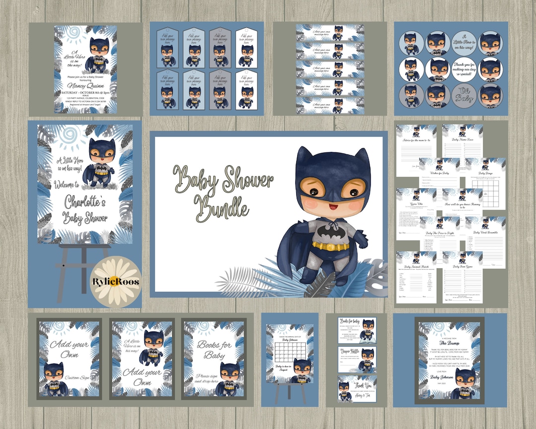Batboy Baby Shower Invitation Bundle: Blue Superhero Decor