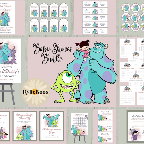 Girls Monster Baby Shower Bundle, Monster Inc Baby Shower Package,  Monster Baby Shower Invite, Monster Baby Shower