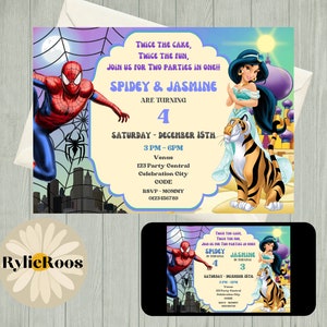 Spiderman and Jasmine Birthday Invitation: Twins Party (Digital)