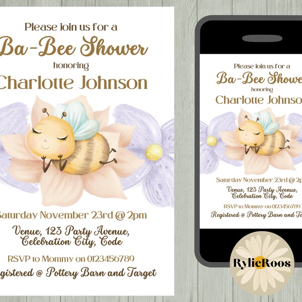 Gender Neutral Floral Baby Shower Invitation, Bumble Bee Baby Shower Invite, Babee Shower, Honey Bee Shower Evite, Lilac Baby Shower Invite