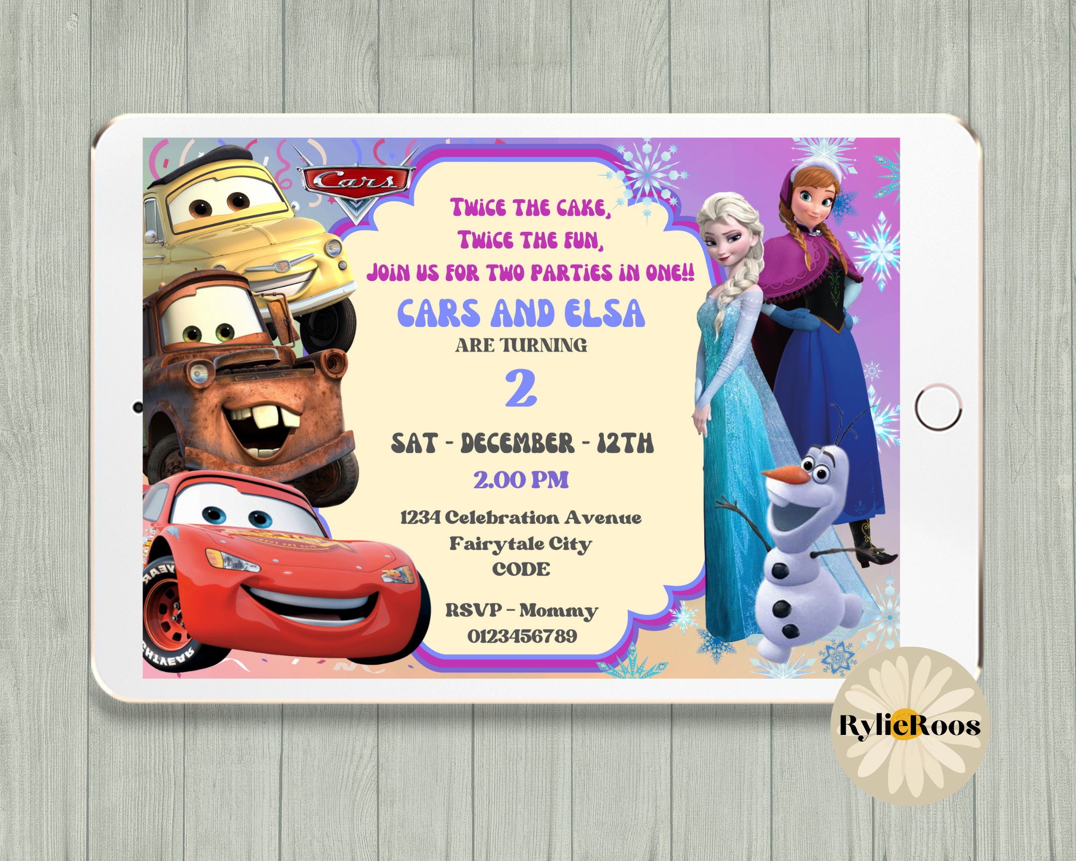 Cars and Frozen Joint Birthday Invitation: Twins Party (digital