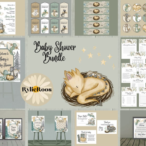 Golden Dragon Baby Shower Bundle, Dragon Baby Shower Decor, Magical Dragon Baby Shower Invitation, Fantasy Dragon Baby Shower
