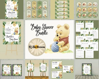 May include: A Winnie the Pooh themed baby shower bundle with a green and gold color scheme. The bundle includes invitations, tags, labels, cupcake toppers, games, and a welcome sign. The text on the welcome sign reads "A little Honey is on his way! Welcome to Charlotte's Baby Shower".