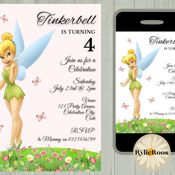 Tinkerbell Birthday Invitation, Fairy Birthday Invite, Girls Birthday Printable or Digital Text Invite, Tinkerbell Evite