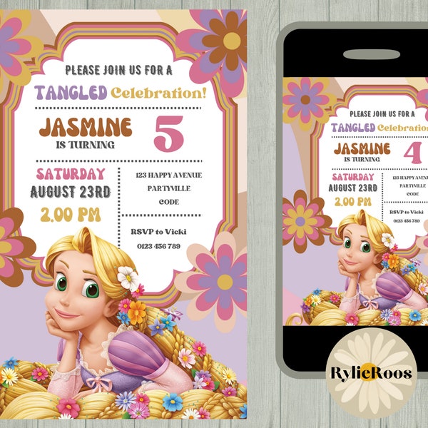 Tangled Birthday Invitation, Rapunzel Editable Invite, Girls Birthday Printable or Digital Text Invite, GROOVY TANGLED EVITE