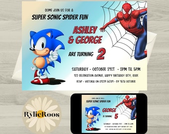 Sonic and Spiderman Birthday Invitation: Joint, Twin, Siblings, Dual Themed, Printable (Digital Download)