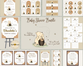 May include: A Winnie the Pooh themed baby shower bundle with printable signs, games, and decorations. The bundle includes a welcome sign, a sign that says "Sometimes the smallest things", a sign that says "Make your own sign", a thank you sign, a baby shower game, a diaper raffle sign, a baby name game, a baby shower bingo card, a baby shower advice card, a baby shower guessing game, a baby shower countdown calendar, and a baby shower guest book. The bundle is decorated with Winnie the Pooh characters, honey pots, and bees.