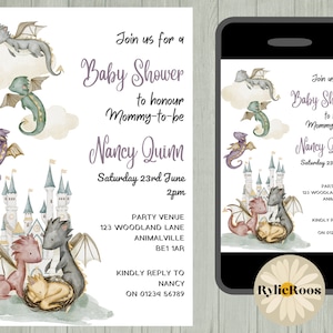 Little Dragon Baby Shower Invitation, Cute dragon Baby Shower Invite, Printable or Digital Text Invite, Dragon Invitation