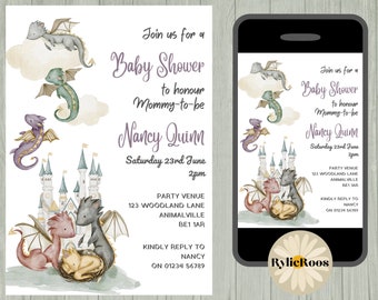 Little Dragon Baby Shower Invitation, Cute dragon Baby Shower Invite, Printable or Digital Text Invite, Dragon Invitation