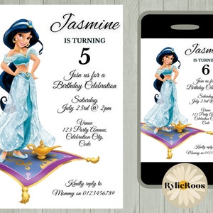 Jasmine Birthday Invitation, Princess jasmine Editable Invite, Girls Birthday Printable or Digital Text Invite, Aladdin Evite