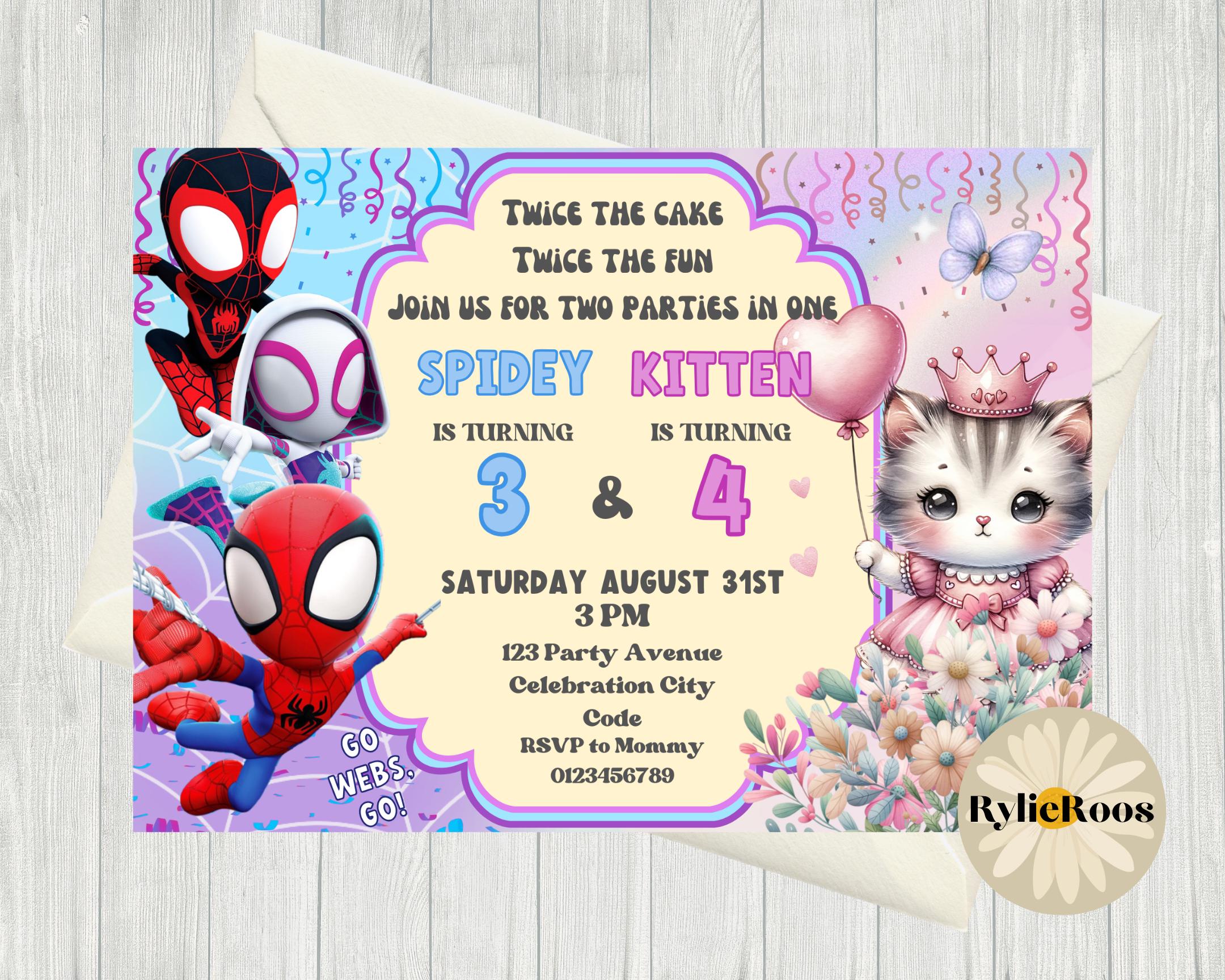 Spidey and Kitten Birthday Invitation: Twins Joint Party (digital