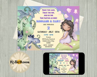 Dinosaur and Fairy Joint Birthday Invitation (Digital Design)