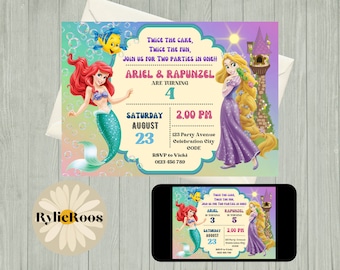 Ariel und Rapunzel Gemeinsame Geburtstagseinladung (Digital)