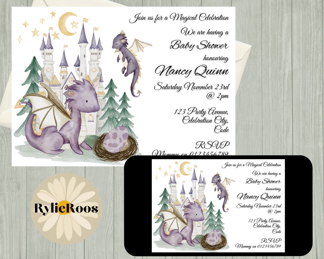 Little Dragon Baby Shower Invitation, Cute Dragon Baby Shower Invite