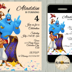 Invito di compleanno di Aladdin, invito di compleanno del genio, invito di compleanno del principe, invito di testo per qualsiasi età, invito elettronico di Aladdin