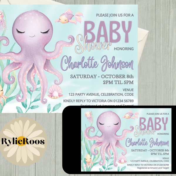 Girls Under The Sea Baby Shower Invitation, Octopus Baby Shower Invite, Water Baby Shower Invitation, Ocean Baby Shower Invite