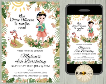 Princess Mulan Birthday Invitation, Princess Digital or Printable Invite, Mulan Birthday Invitation