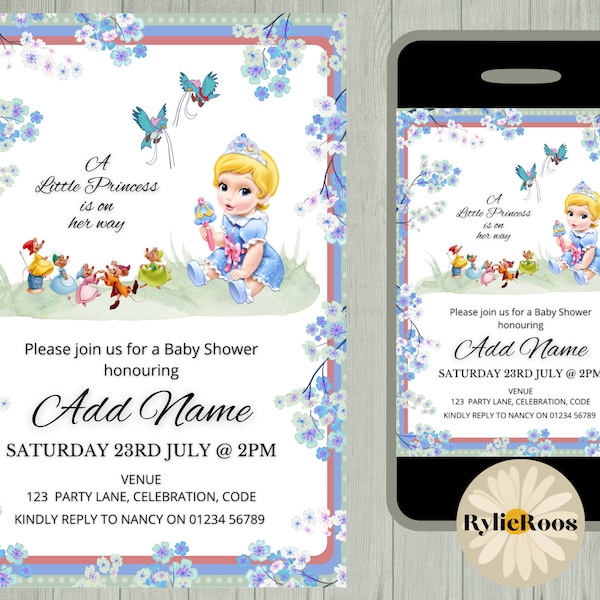 Princess Cinderella Baby Shower Invitation, Cinderella Editable Invite, Printable or Digital, Text Invite, Princess Baby Shower Invite