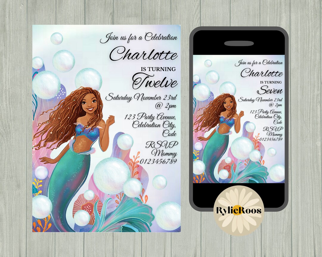 African American Ariel Birthday Invitation, Black Mermaid Editable ...