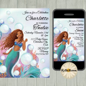 Invitation d'anniversaire afro-américaine Ariel, invitation modifiable de sirène noire, invitation imprimable ou numérique d'anniversaire de filles, Aladdin Evite