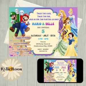 Mario & Princesses Birthday Invitation: Twins Printable Invite (Digital)