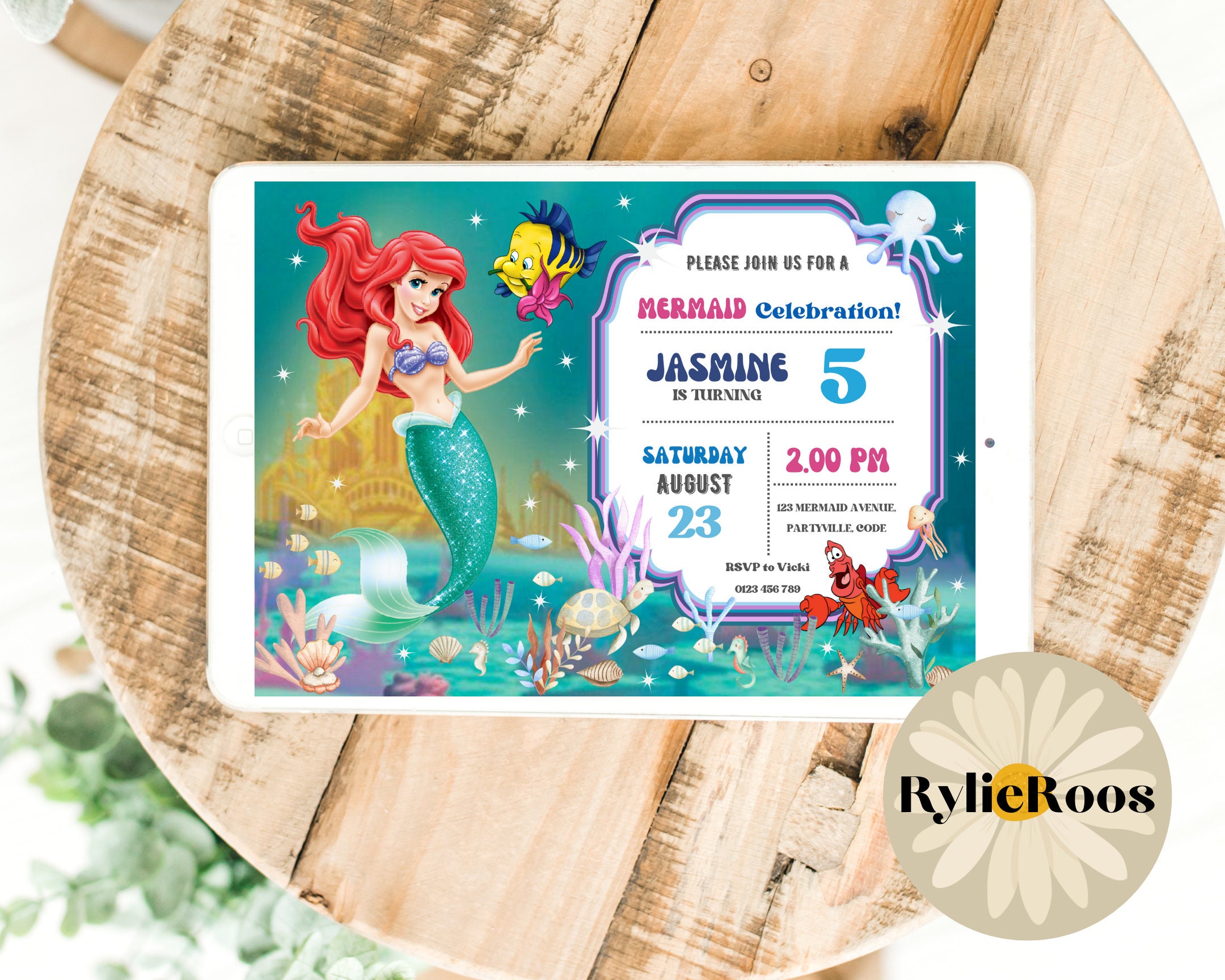 40 Inviti Compleanno Sirena Per Bambine - Doppia Faccia Viola - Foto 3