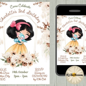 Snow White Birthday Invitation: Boho Princess, Editable Invite (Digital)