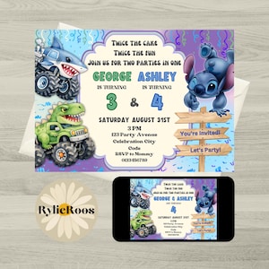 Inbjudan till Monster Trucks och Stitch, gemensam födelsedagsinbjudan (digital nedladdning direkt)