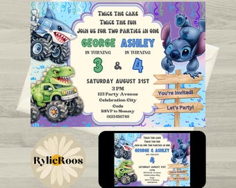 Monster Trucks and Stitch Invitation, Joint Birthday Invite (Instant Digital Download)