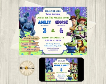 Invitación de cumpleaños conjunta de Stitch y Toy Story: temática de gemelos, hermanos y parejas (descarga digital)