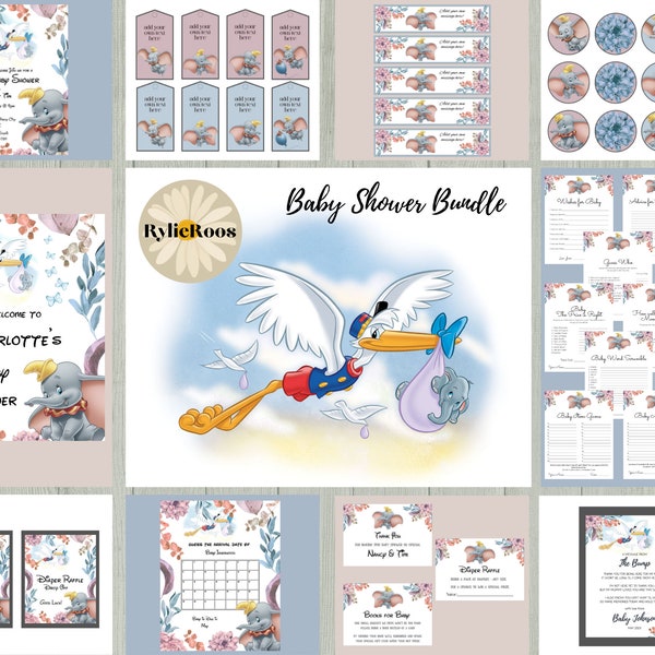 Dumbo and Stork Baby Shower Bundle, Dumbo Baby Shower Invitation, Stork Baby Shower Bundle, Elephant Baby Shower, Gender Neutral Baby Shower