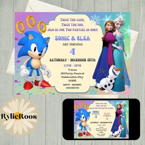 Invito di compleanno congiunto, invito modificabile di Sonic e Frozen, invito di testo stampabile o digitale per compleanno di gemelli, invito a una festa congiunta
