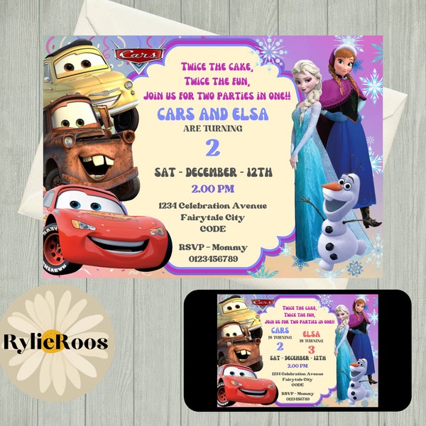 Joint Birthday Invitation, Cars and Frozen Editable Invite, Twins Birthday Printable or Digital Text Invite, Joint Party Invitation