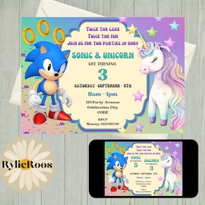 Gezamenlijke verjaardagsuitnodiging, Sonic en Unicorn bewerkbare uitnodiging, Twins verjaardag afdrukbare of digitale uitnodiging, gezamenlijke uitnodiging voor feest