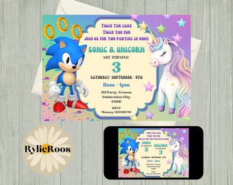 Sonic and Unicorn Birthday Invitation: Joint Party, Twins Invite (Digital)