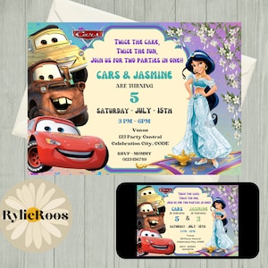 Cars & Jasmine Birthday Invitation: Twins Party (Digital)