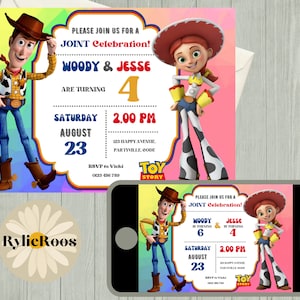 Gezamenlijke verjaardagsuitnodiging, Buzz en Jessie bewerkbare uitnodiging, Twins verjaardag afdrukbare of digitale tekst uitnodigen, Toy Story gezamenlijke partij uitnodigen