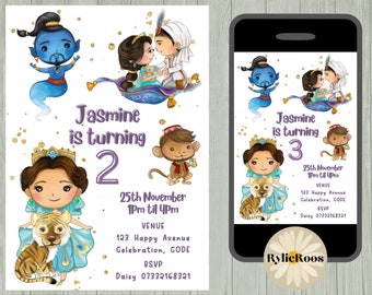 Jasmine Birthday Invitation, Princess jasmine Editable Invite, Girls Birthday Printable or Digital Text Invite, Aladdin Evite