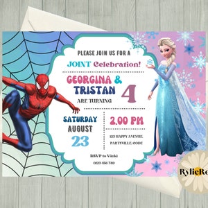 Gezamenlijke verjaardagsuitnodiging, Spiderman en Elsa bewerkbare uitnodiging, tweeling verjaardag afdrukbare of digitale tekst uitnodigen, gezamenlijke uitnodiging voor feest