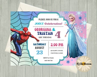 Spiderman and Elsa Birthday Invite, Joint Birthday Invitation, Twins Birthday Printable or Digital Text Invite, Joint Party Invitation