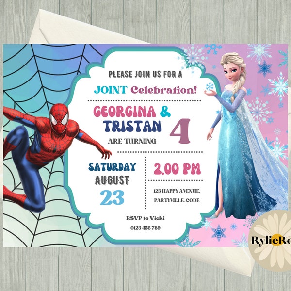 Invitation d'anniversaire conjointe, invitation modifiable Spiderman et Elsa, invitation de texte imprimable ou numérique d'anniversaire de jumeaux, invitation de fête conjointe