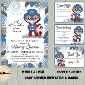 Captain USA Baby Shower Bundle, Superhero Baby Shower Invitation and cards, American Shower Invite and Cards, Diaper Raffle, Books for Baby