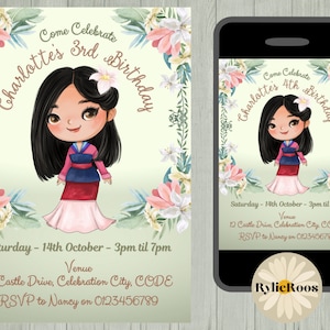 Mulan Birthday Invitation: Tropical Princess, Editable Invite (Digital)